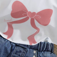 Girls White Short Sleeve Bow Print T-Shirt With Denim Shorts Set 2 pc. Sets