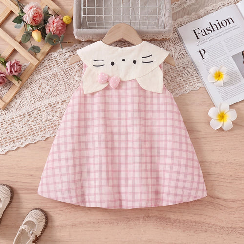 Girls Pink Sleeveless Checked Balloon Dress Casual Dresses