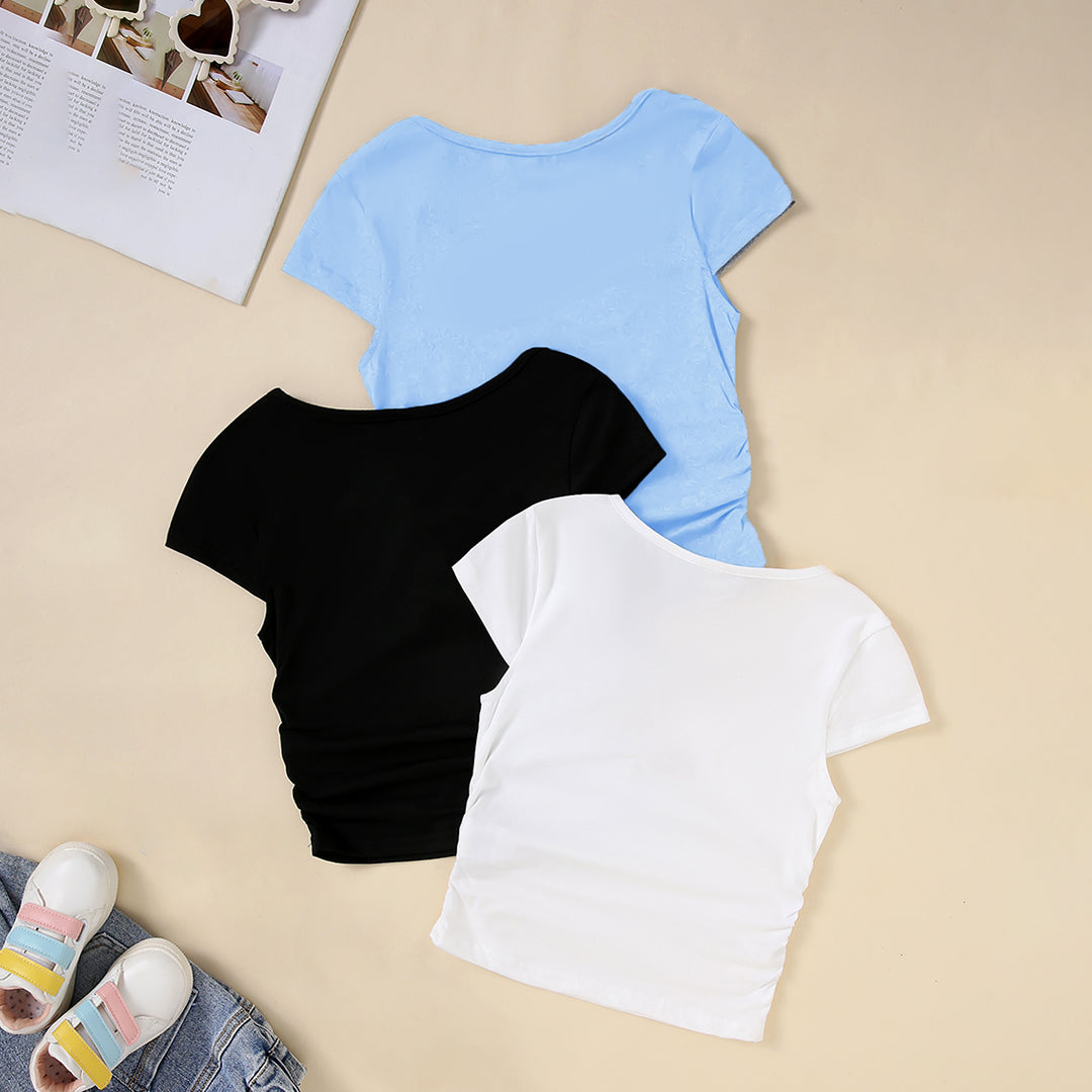 Girls Blue Short Sleeve Round Neck Top ( Pack Of 3) Value Packs