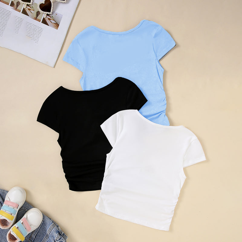 Girls Blue Short Sleeve Round Neck Top ( Pack Of 3) Value Packs