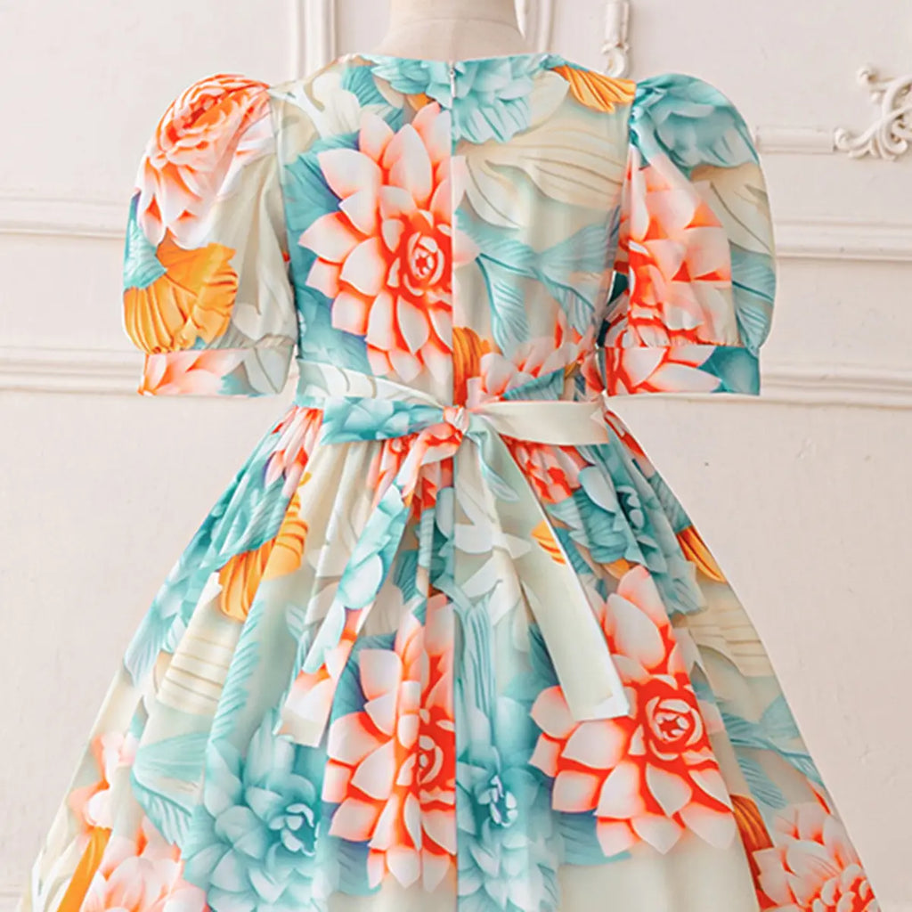 Girls Multicolor Floral Maxi Dress With Puff Sleeves Casual Dresses