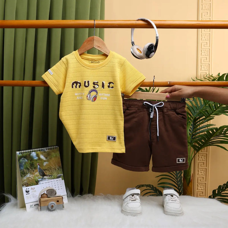 Boys Yellow Music Printed Short Sleeve T-Shirt With Drawstring Shorts Sets Sets Yellow 1-2 Y