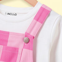 Girls White T-Shirt With Checked Dungaree Sets Sets