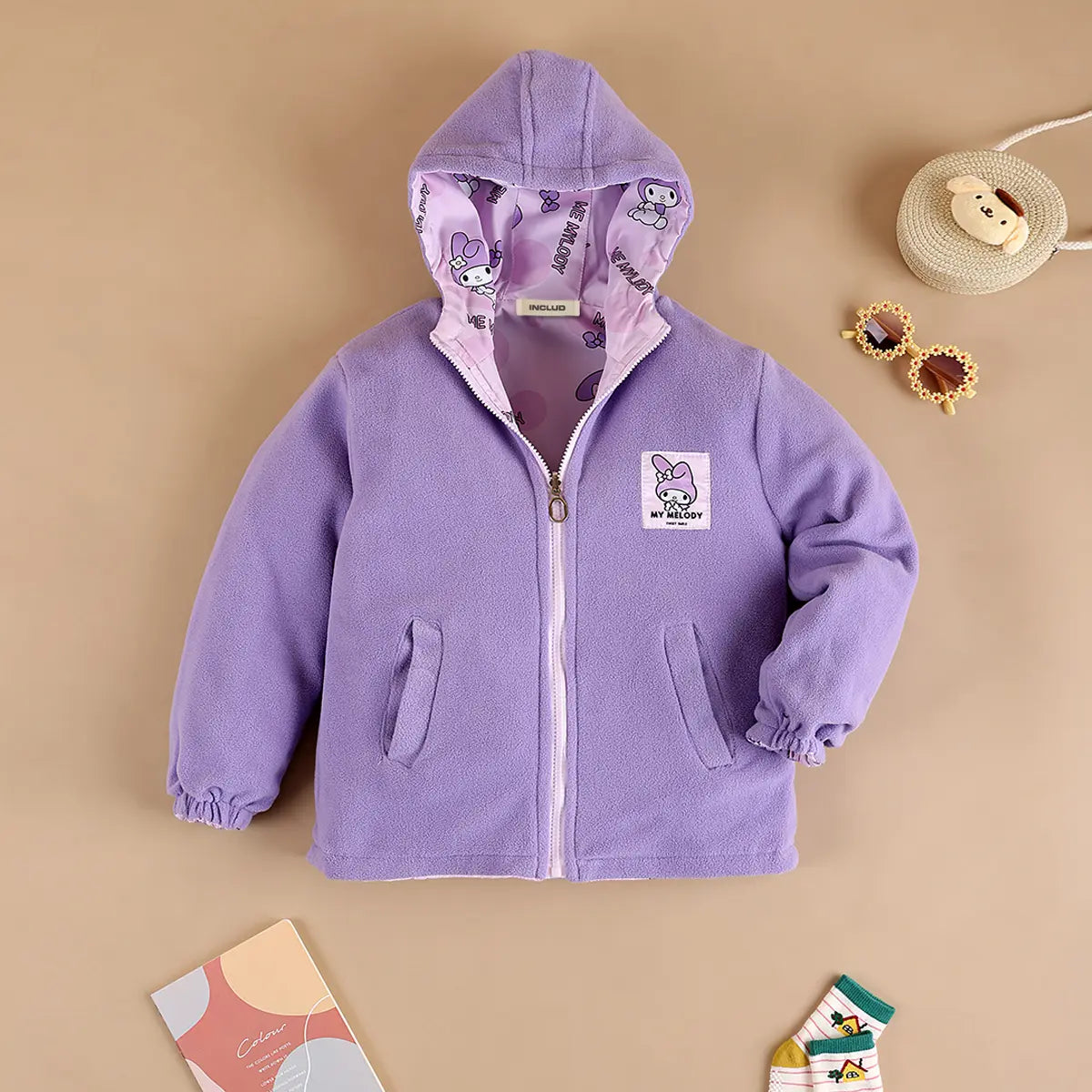 Girls Purple Typographic Printed Reversible Hooded Zipper Jacket Coats & Jackets