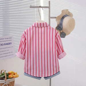 Girls Light Pink Stripe Shirt With Printed T-Shirt And Denim Shorts Sets 3 pc. Sets