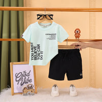 Boys Light Green Typography Print Short Sleeve T-Shirt With Drawstring Shorts Sets Sets Light Green 6-12 M