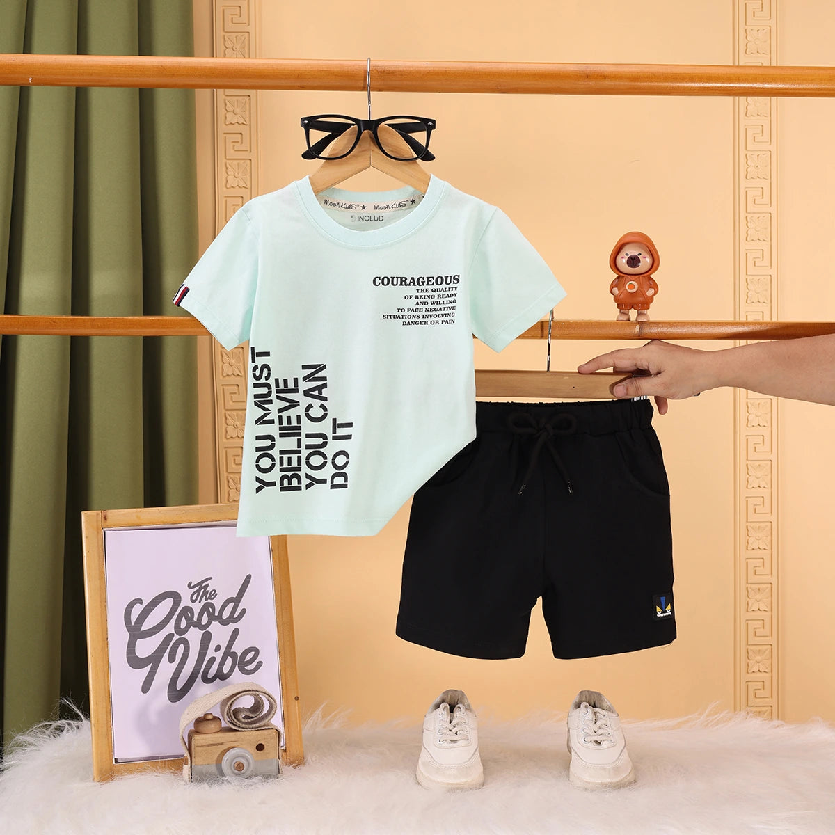 Boys Light Green Typography Print Short Sleeve T-Shirt With Drawstring Shorts Sets Sets Light Green 6-12 M