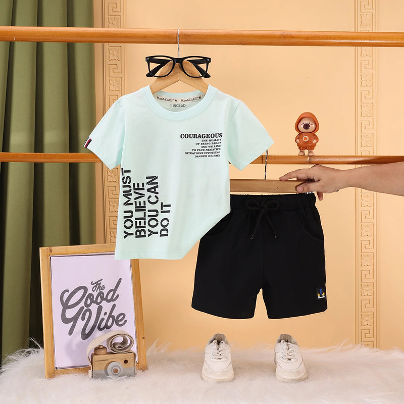 Boys Light Green Typography Print Short Sleeve T-Shirt With Drawstring Shorts Sets Sets Light Green 6-12 M