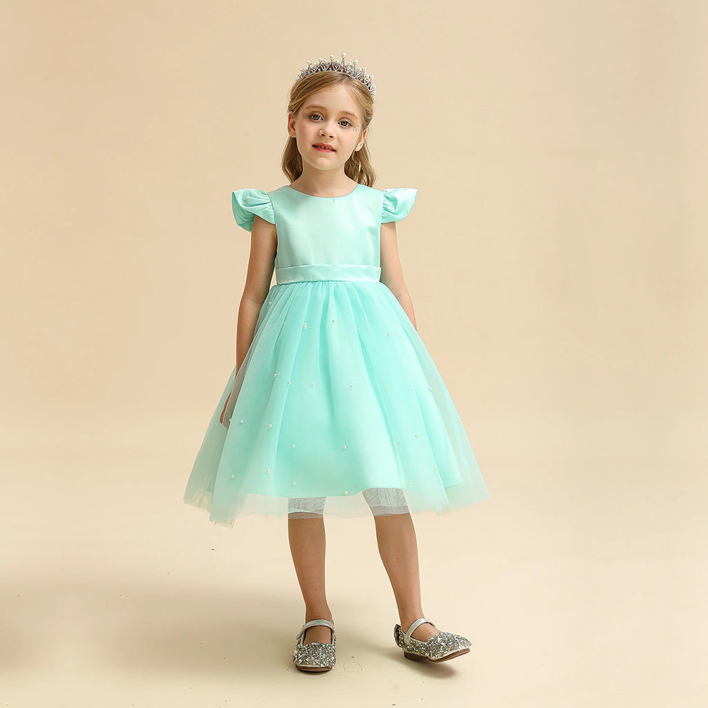 Girls Light Green Pearl-Embellished Flutter Sleeve Fit & Flare Dress Casual Dresses Light Green 2-3 Y