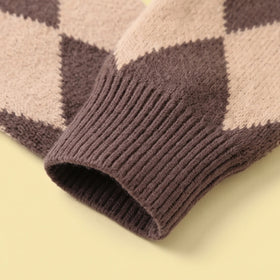 Girls Brown Diamond Jacquard Long Sleeve Cardigan Sweaters & Cardigans