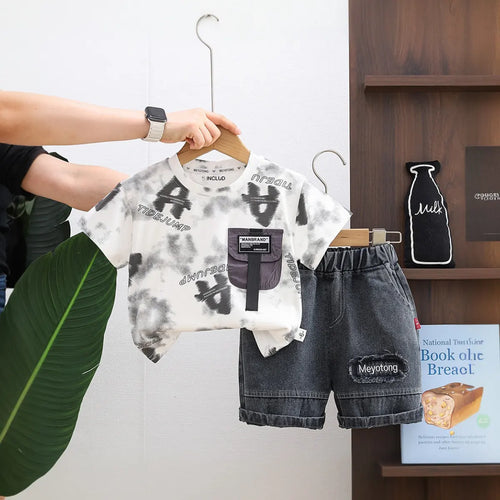 Boys White Typographic Print Short Sleeves T-Shirt With Denim Shorts Set Sets White 1-2 Y