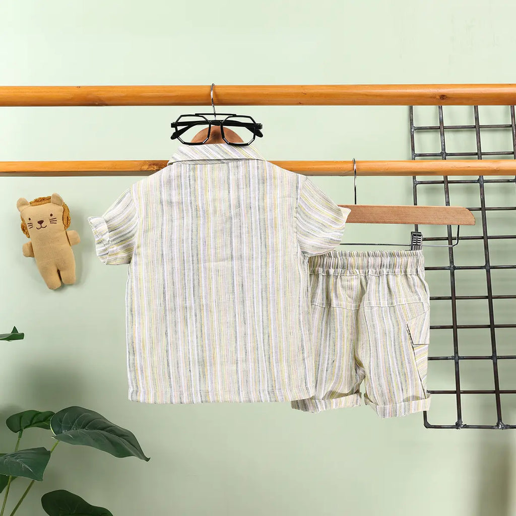 Boys Green Stripes Short Sleeve Shirt With Elasticated Shorts Sets 2 pc. Sets
