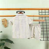 Boys Green Stripes Short Sleeve Shirt With Elasticated Shorts Sets 2 pc. Sets
