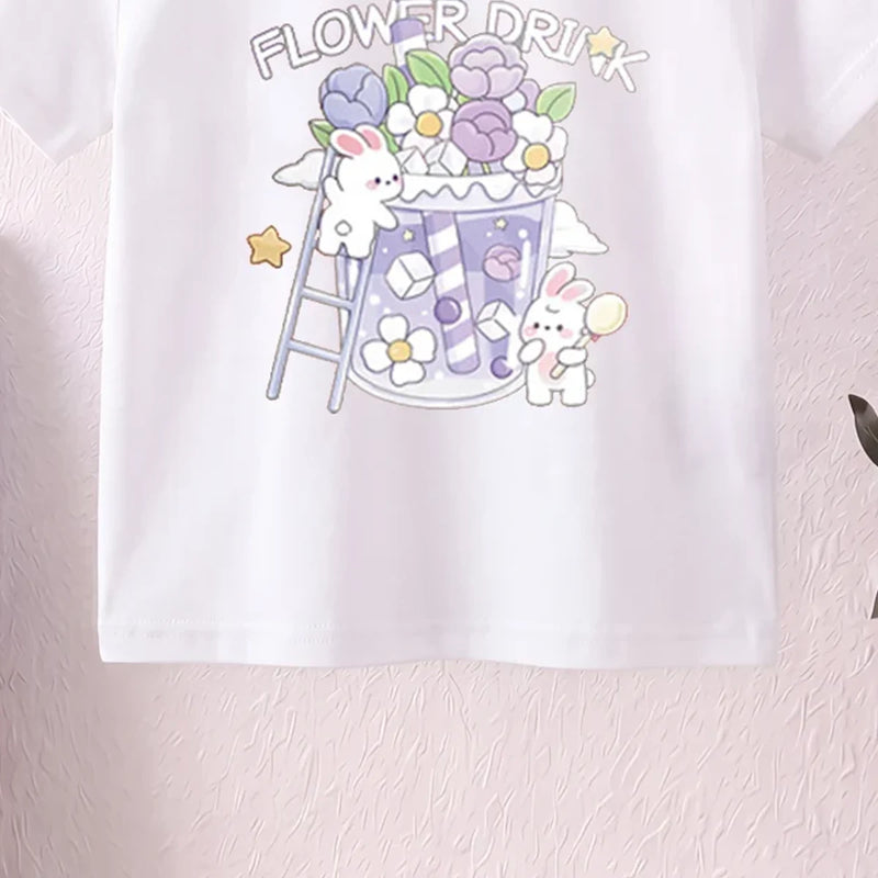 Girls White Short Sleeve Floral Print T-Shirt Tshirts