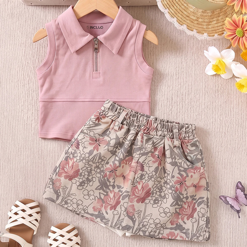 Girls Pink Sleeveless Polo Top With Floral Print Skirt Sets 2 pc. Sets