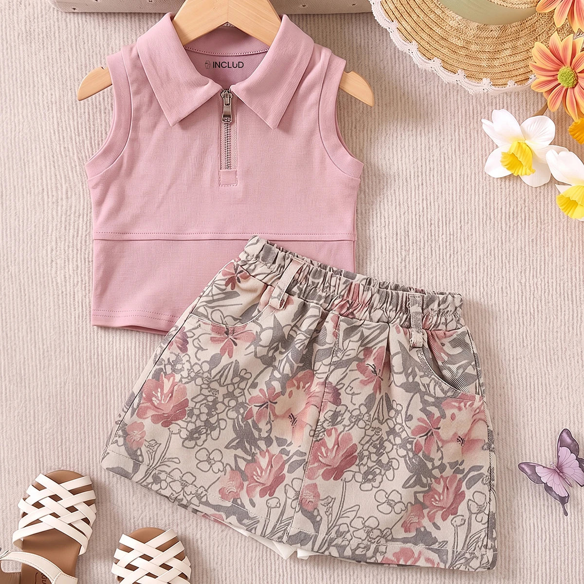 Girls Pink Sleeveless Polo Top With Floral Print Skirt Sets 2 pc. Sets