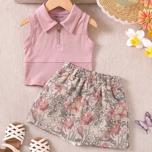 Girls Pink Sleeveless Polo Top With Floral Print Skirt Sets 2 pc. Sets