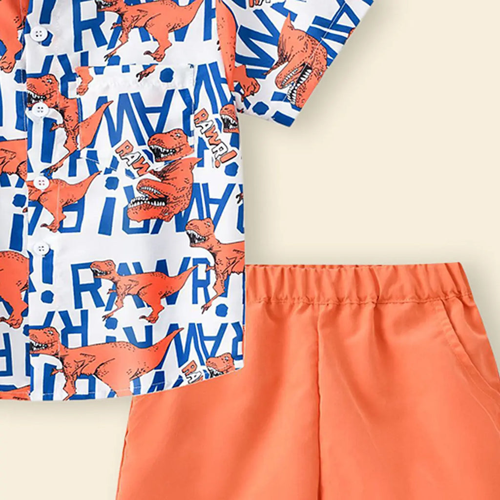 Boys Orange Dinosaur Print Short Sleeves Shirt With Shorts Set Sets