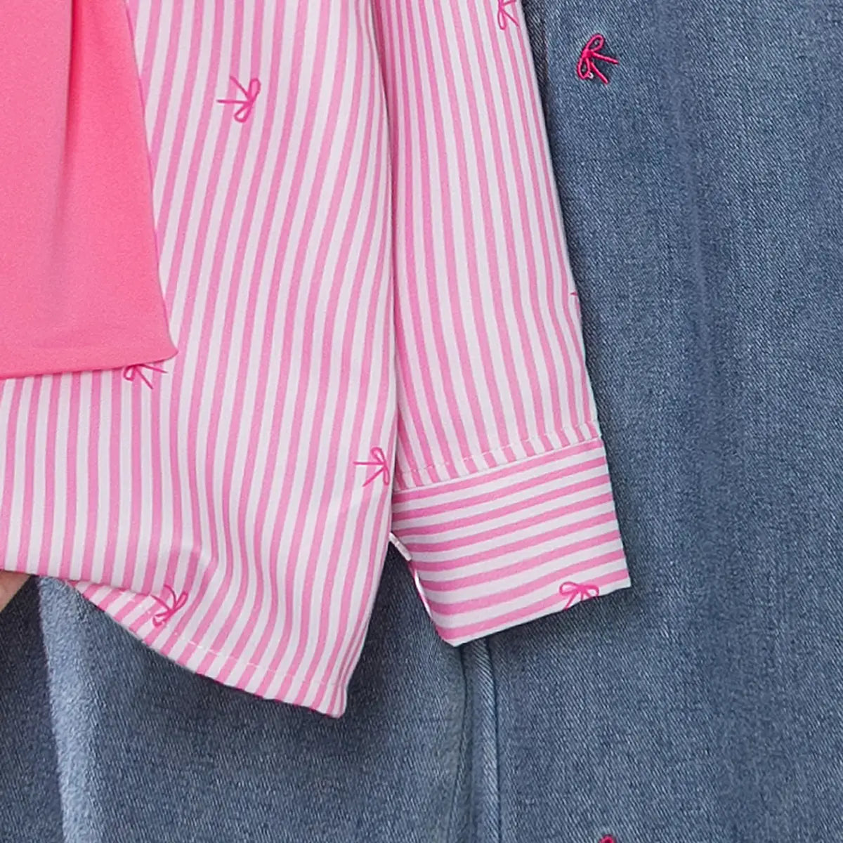 Girls Pink Stripes Long Sleeves Shirt & Scarf With Bow Embroidered Denim Pants Sets