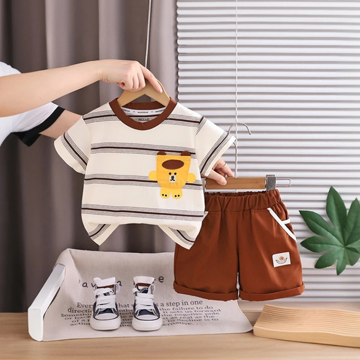 Boys Brown Bear Striped Short Sleeve T-Shirt With Elasticated Shorts Sets Sets Brown 1-2 Y