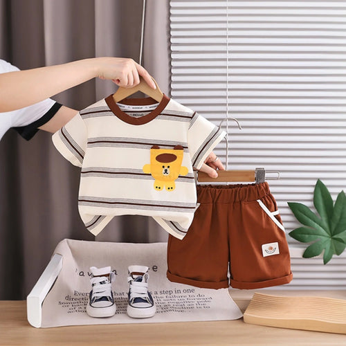Boys Brown Bear Striped Short Sleeve T-Shirt With Elasticated Shorts Sets Sets Brown 1-2 Y