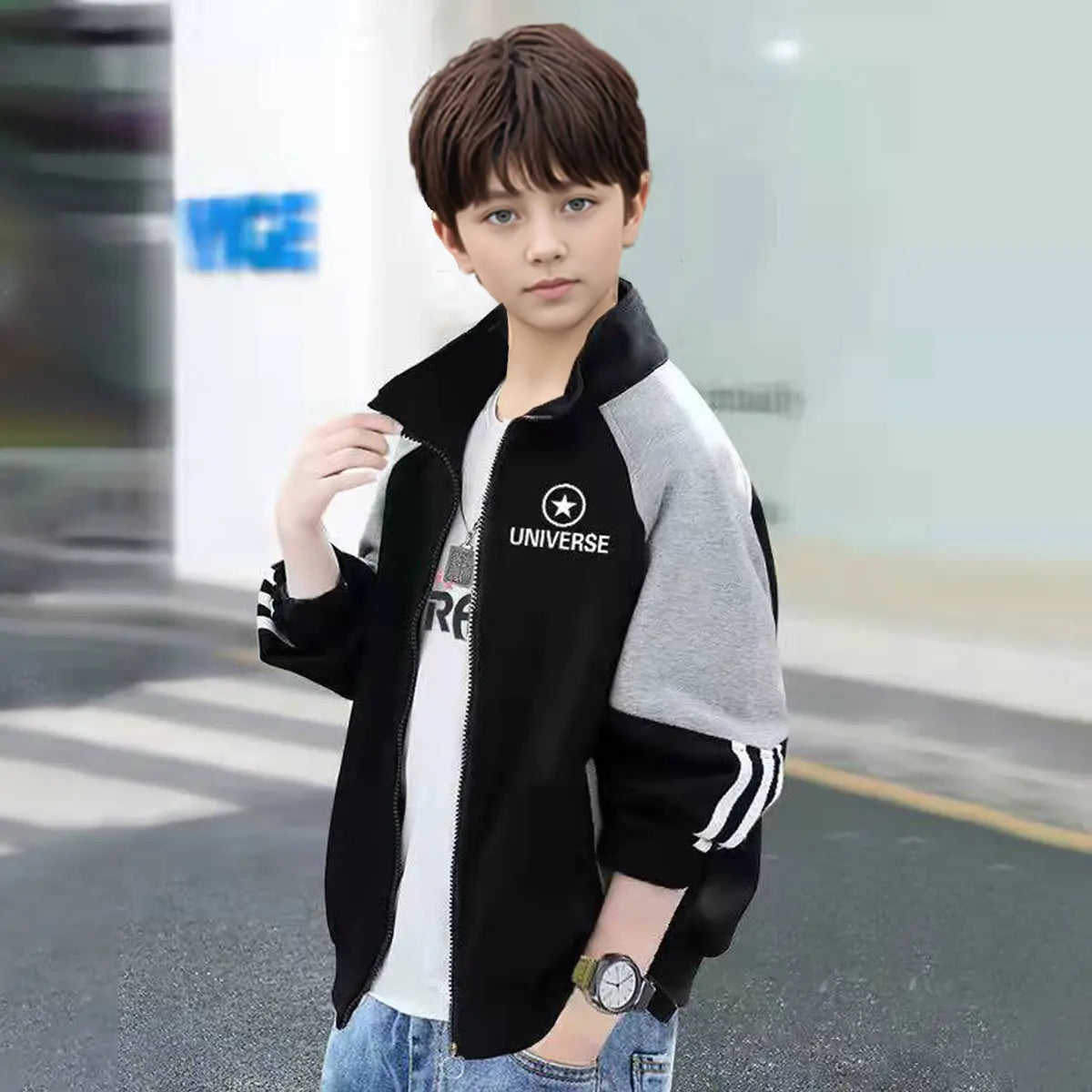 Boys Black Typographic Printed Raglan Sleeves Zipper Jacket Coats & Jackets