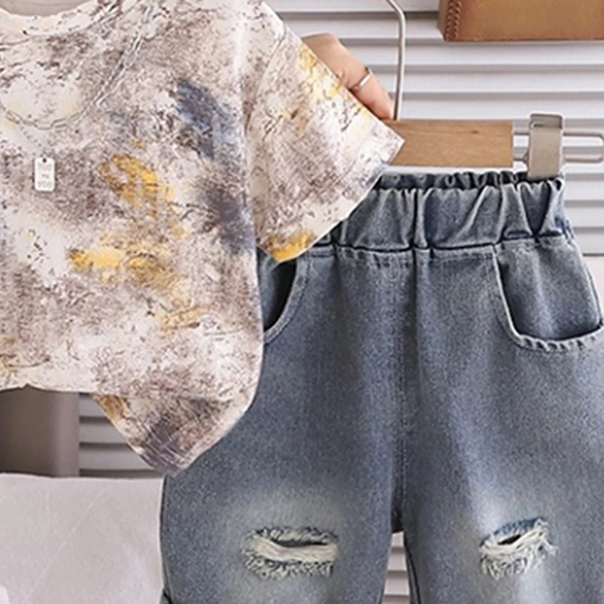 Boys Beige Abstract Printed Short Sleeve T-Shirt with Distressed Denim Shorts Sets 2 pc. Sets