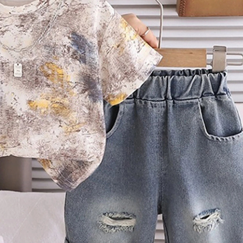 Boys Beige Abstract Printed Short Sleeve T-Shirt with Distressed Denim Shorts Sets 2 pc. Sets