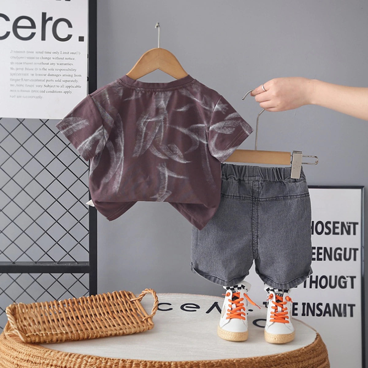 Boys Dark Brown Typographic Print Short Sleeves T-Shirt With Denim Shorts Set Sets