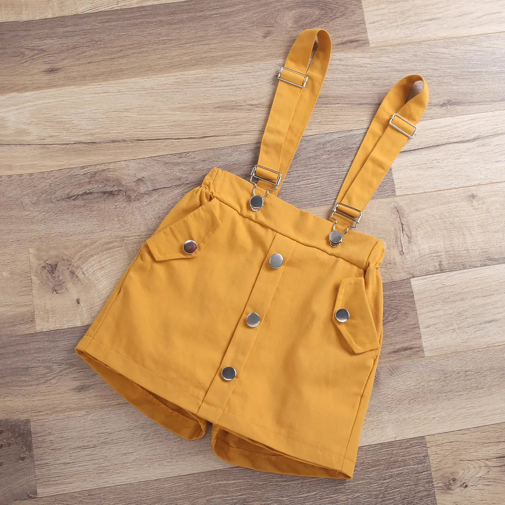 Girls Schiffli Flutter Sleeves Top With Mustard Suspenders Skorts Sets Sets