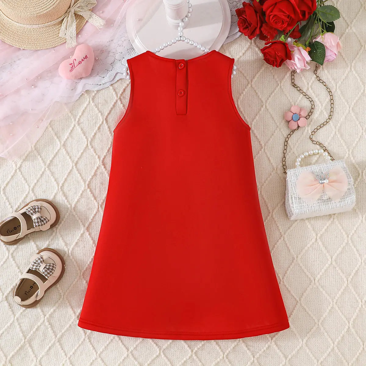 Girls Red Sleeveless A-line Dress With Large 3D Flowers Applique Casual Dresses