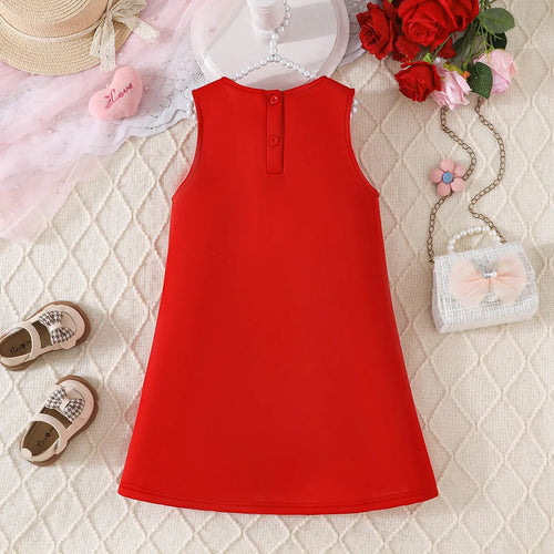 Girls Red Sleeveless A-line Dress With Large 3D Flowers Applique Casual Dresses