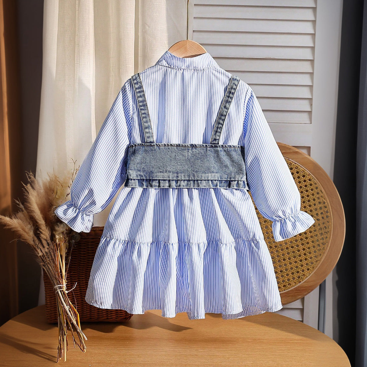 Girls Blue Pinstripe Long Sleeve Shirt Dress With Denim Vest Casual Dresses