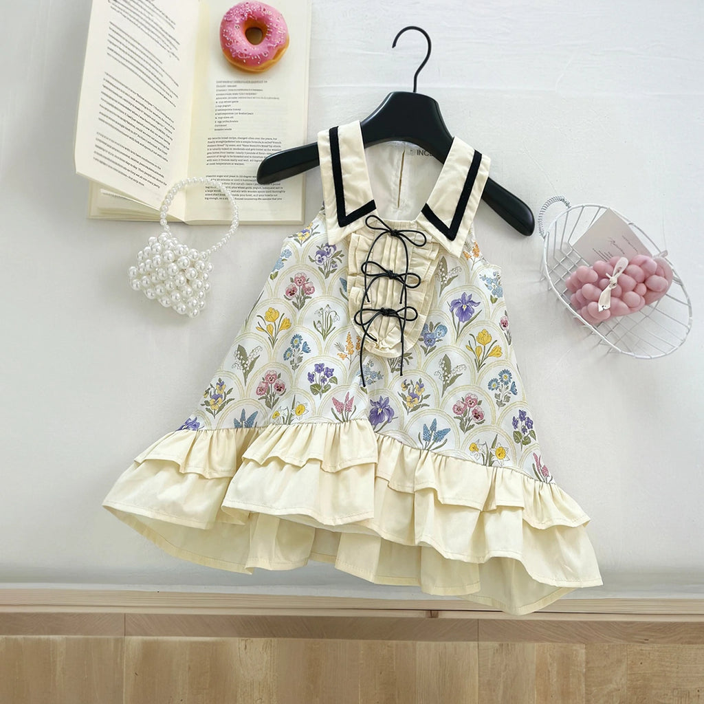Girls Cream Floral Print Peter Pan Collar Ruffle A-line Dress Casual Dresses Cream 1-2 Y