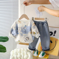 Boys Blue Graphics Regular Sweatshirt With Denim Trousers Sets 3 pc. Sets