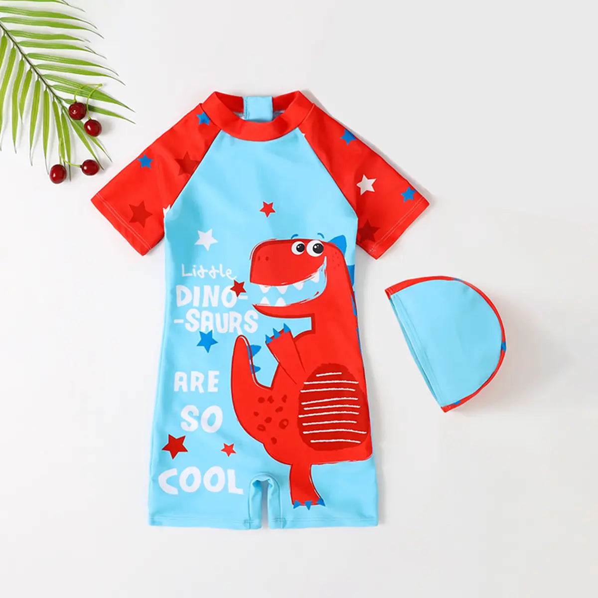 Boys Sky Blue Dinosaur Print Swimwear Bodysuit With Swim Cap Beachwear Sky Blue 3-4 Y