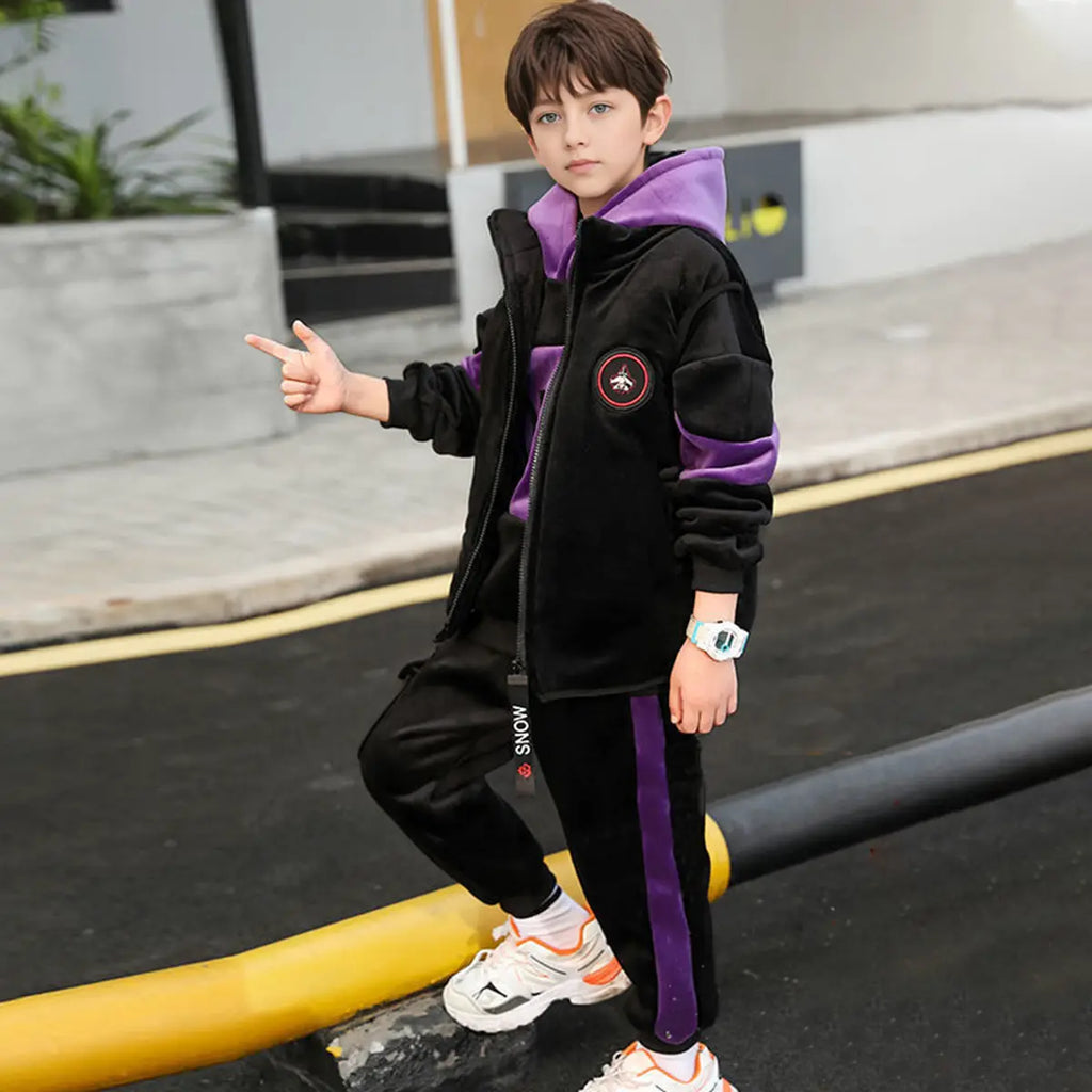 Boys Purple Typographic Printed Hooded Sweatshirt With Vest & Jogger Sets Sets