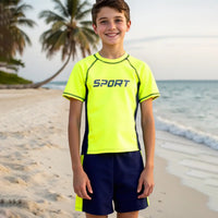 Boys Yellow Typography Printed Short Sleeves T-Shirt & Shorts Swimsuit Sets Sets