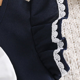 Girls Navy Blue Bow Applique Flutter Sleeve Fit & Flare Dress Casual Dresses