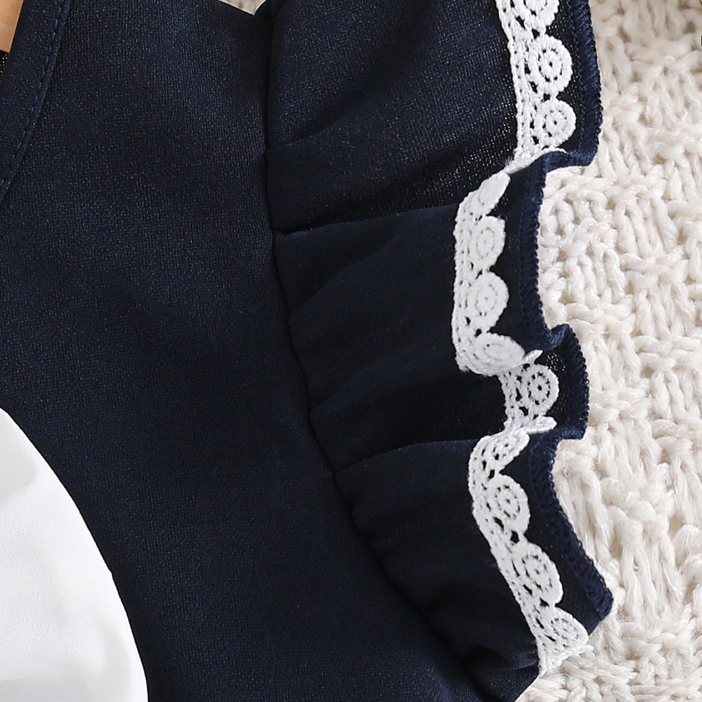 Girls Navy Blue Bow Applique Flutter Sleeve Fit & Flare Dress Casual Dresses
