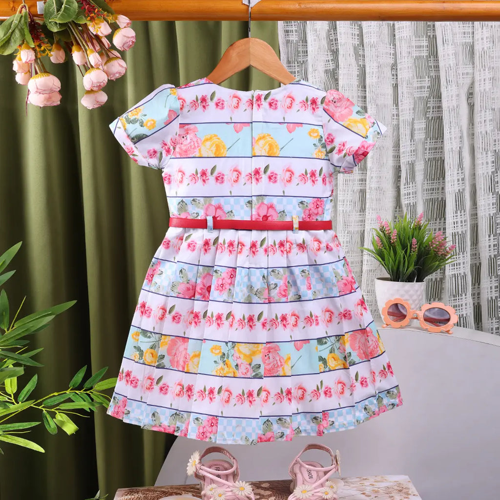 Girls Pink Floral Short Sleeve Fit & Flare Dress With Belt Casual Dresses