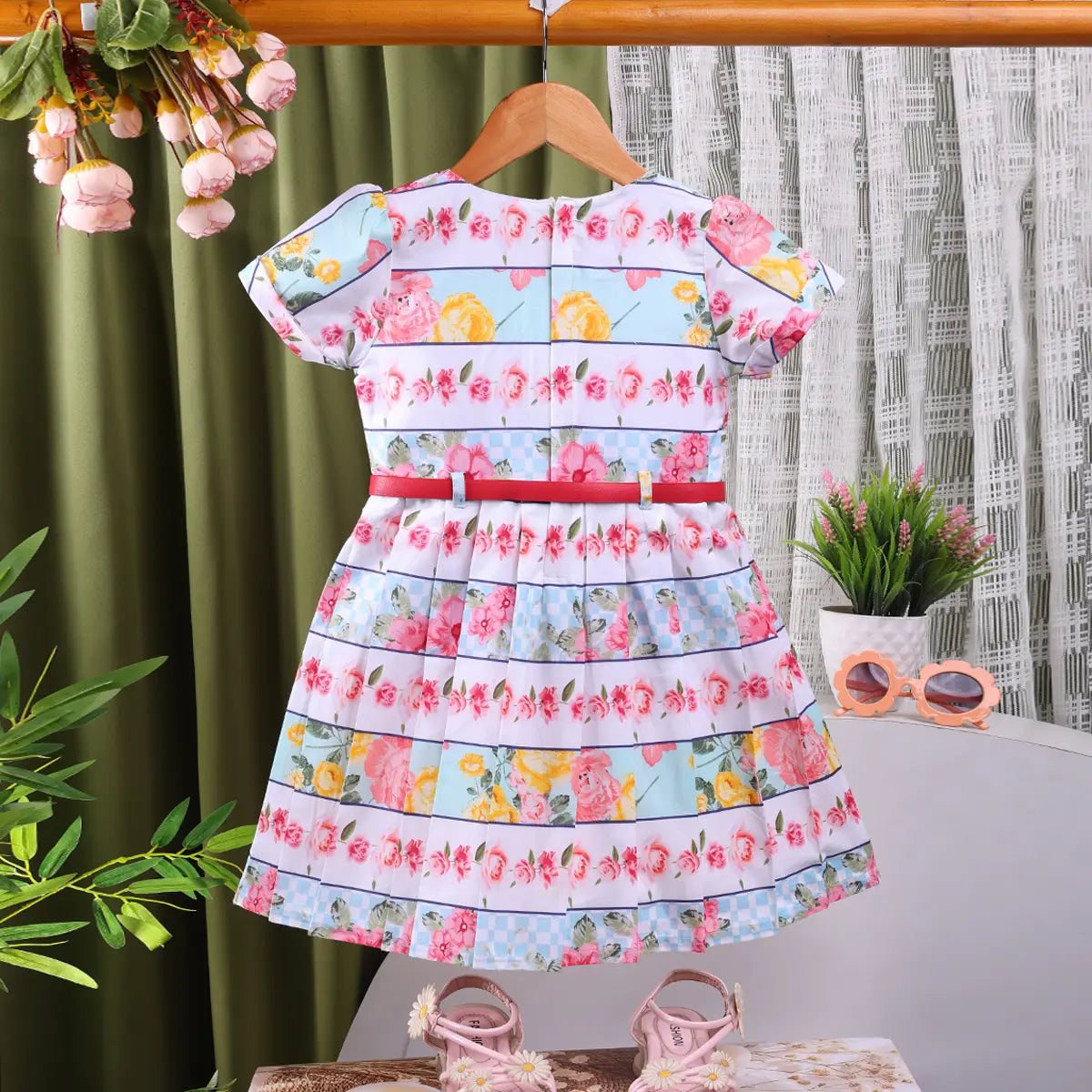 Girls Pink Floral Short Sleeve Fit & Flare Dress With Belt Casual Dresses