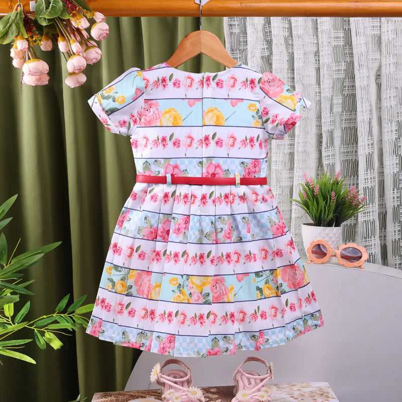 Girls Pink Floral Short Sleeve Fit & Flare Dress With Belt Casual Dresses