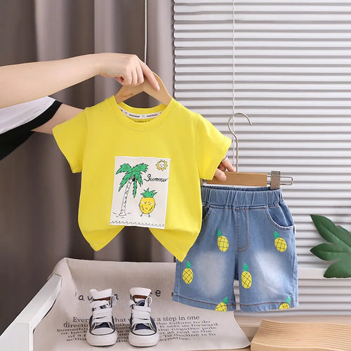 Boys Yellow Pineapple Printed Round Neck T-Shirt With Denim Shorts Sets 2 pc. Sets Yellow 1-2 Y