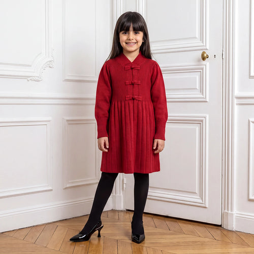 Girls Red Textured Mandarin Collar A-line Dress Casual Dresses Red 1-2 Y