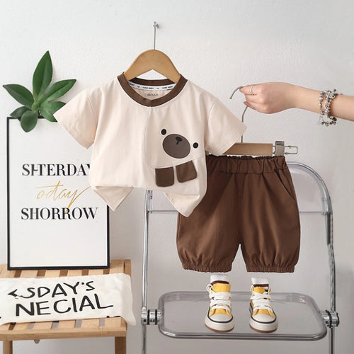 Boys Apricot Bear Motif T-Shirt With Elasticated Shorts Sets Sets Apricot 1-2 Y