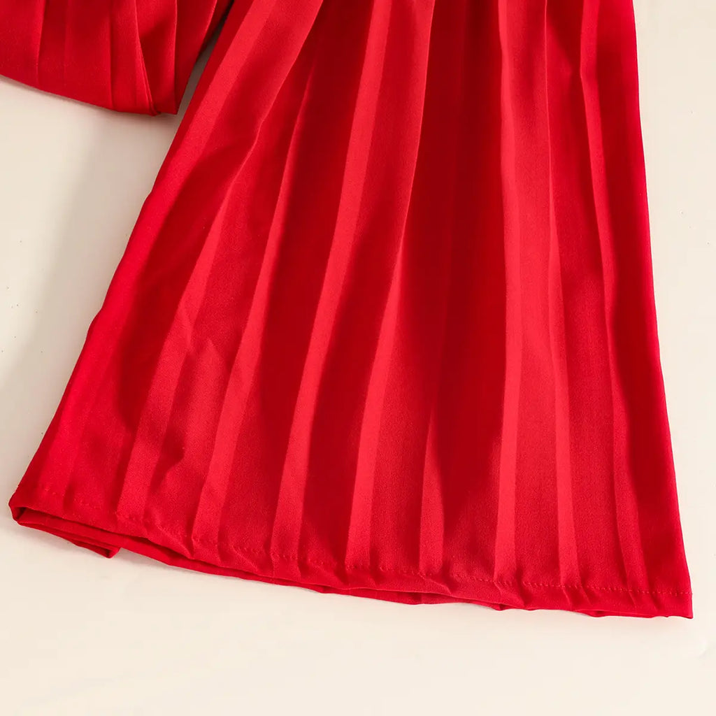 Girls Red Sleeveless Vest With Pleated Flared Pants Set Sets