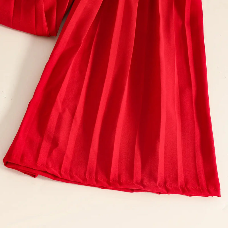 Girls Red Sleeveless Vest With Pleated Flared Pants Set Sets