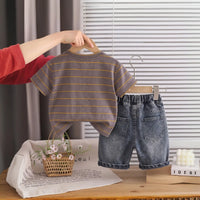 Boys Brown Striped Bear Graphic T-Shirt With Denim Shorts Sets 2 pc. Sets