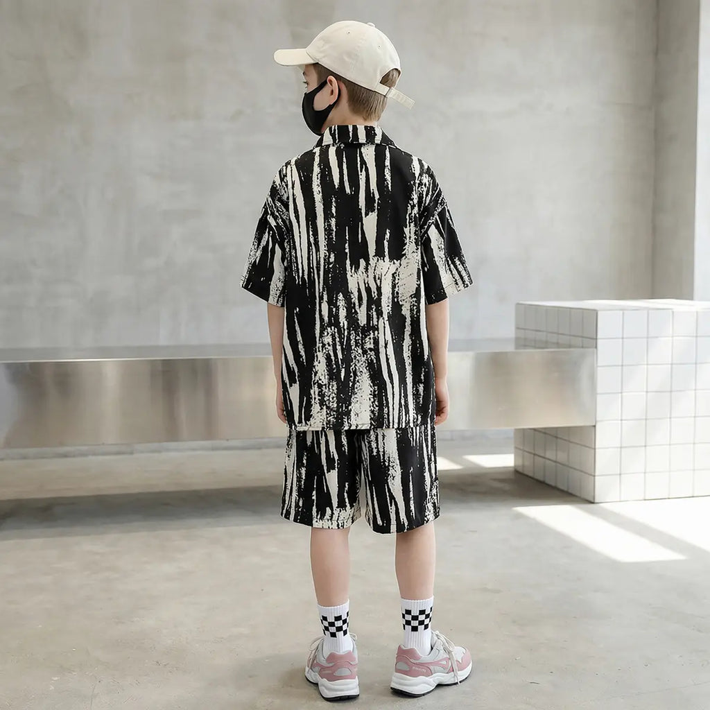 Boys Black Abstract Print Short Sleeves Shirt With Shorts Co-ord Sets Sets